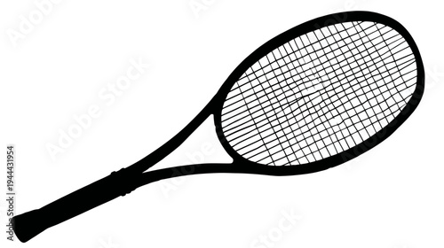 A black and white illustration of a tennis racket, featuring a netted head and a handle