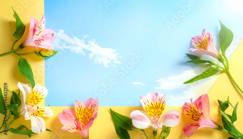 Wallpaper Mural spring flowers frame. botanical flatlay border of alstroemeria lily like flowers on blue sky background
 Torontodigital.ca