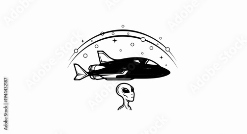 Futuristic spaceship flies above an alien head in cosmic scene