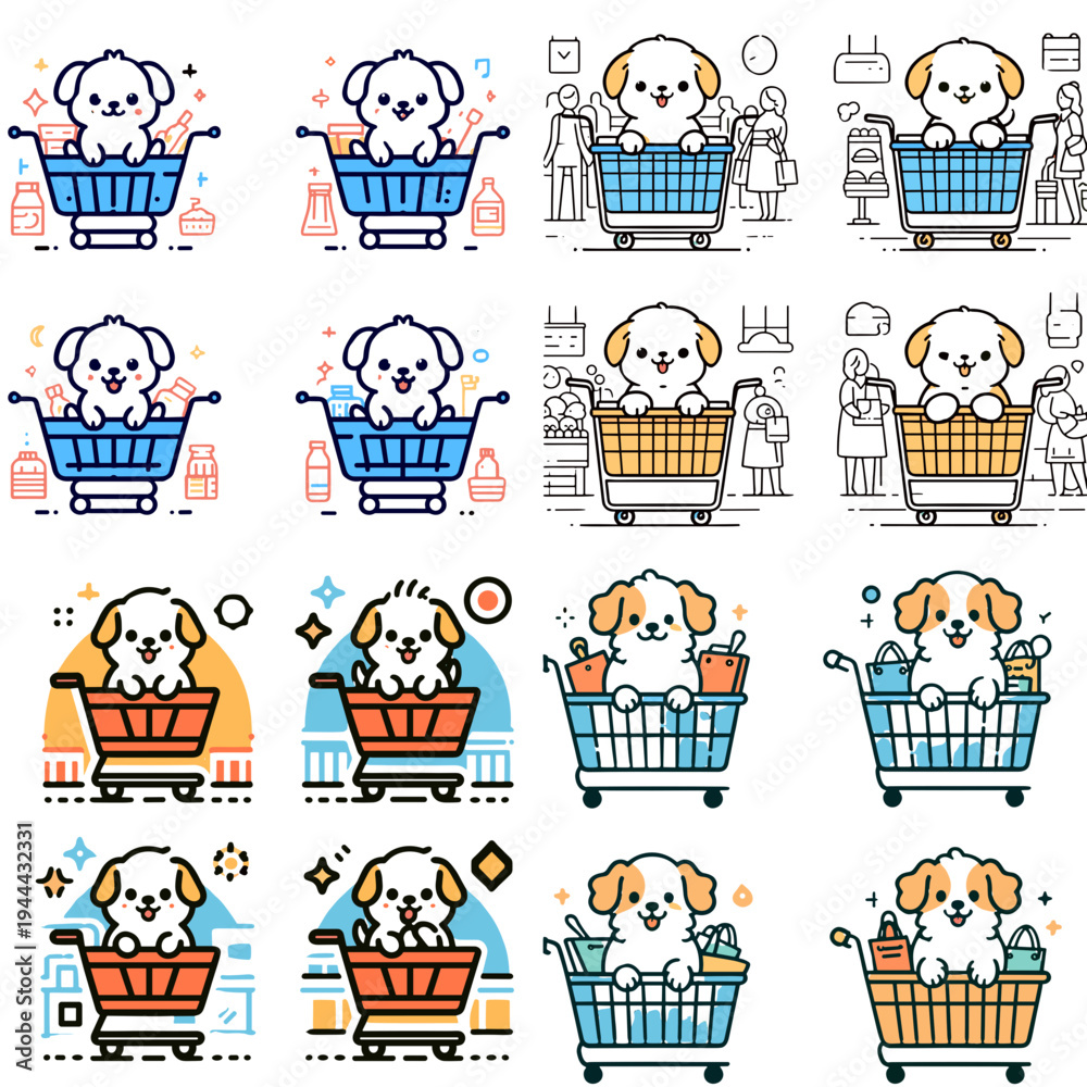 Fototapeta premium Puppy inside shopping cart at market, illustrations 