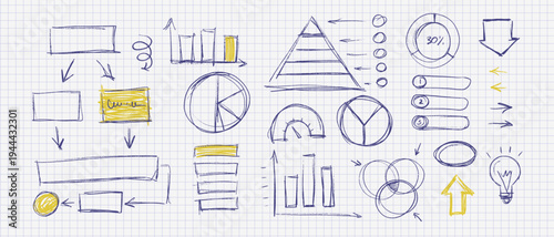 Hand drawn business infographic elements set on grid background. Pencil sketch of charts, graphs, pie charts, funnel and mind map. Messy doodle UI kit for wireframe, analytics and data presentation.