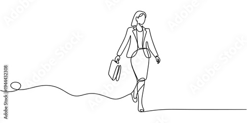 Business woman line art illustration. Continuous single line drawing of woman walking in blazer suit. Vector art illustration.