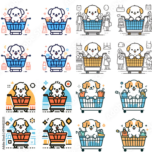 Puppy inside shopping cart at market, illustrations  