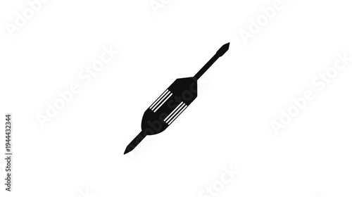 Black and white minimalist image of a central object, a stylized tool or instrument