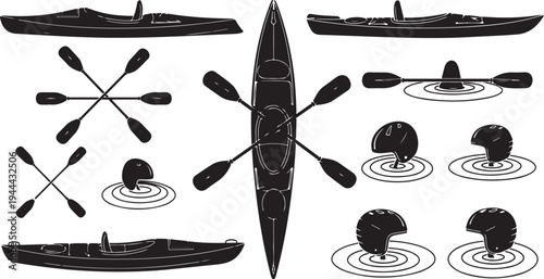 Kayak and paddle silhouettes on white background illustration set