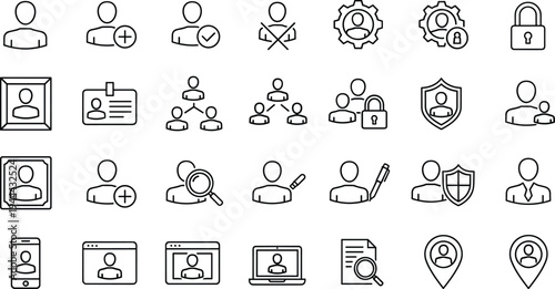 User profile management line icons set featuring account security team organization identity verification minimal outline vector collection modern