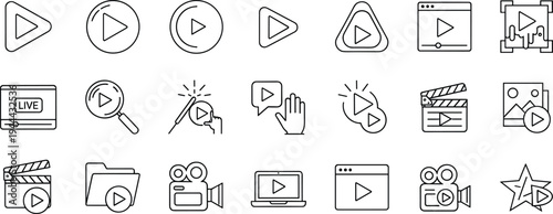 Video media line icons, play button symbols, streaming multimedia elements, minimal outline vector set, digital player interface collection