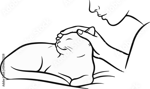 Gentle hands petting a content cat with eyes closed in a simple line drawing