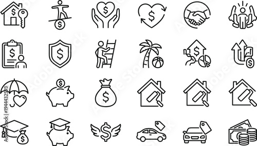 Personal Finance and Investment Outline Icon Set with Savings, Insurance, Real Estate, Piggy Bank, Money Bag, Car Loan, Graduation and Financial Protection Symbols