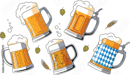 Beer mugs with foam set with hops and barley Oktoberfest drink cartoon vector illustration