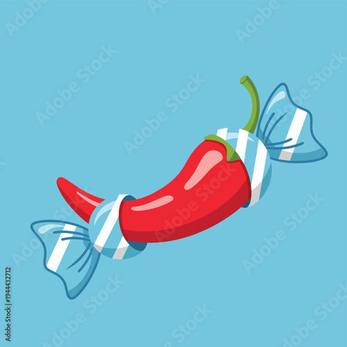 Red chili pepper wrapped as a candy on light blue background