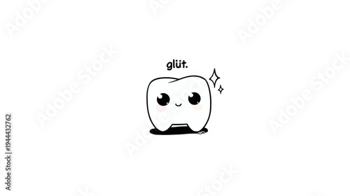 Adorable cartoon tooth with large eyes, rosy cheeks, and sparkling elements. It has a shadow