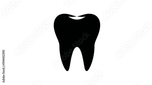 A simple, black silhouette of a tooth, showcasing the crown and root structure on a white backdrop