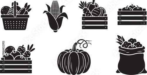 Harvest icons with vegetables and fruits in black silhouettes