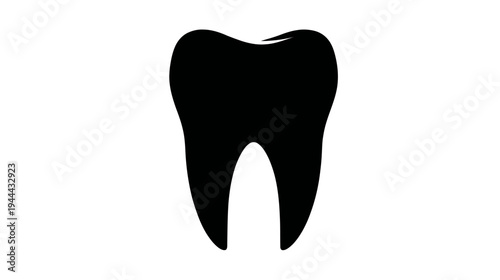 A simple, bold black silhouette illustration of a tooth on a clean white background