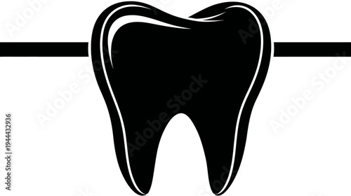 Stylized black and white image of a molar with a horizontal bar passing behind it