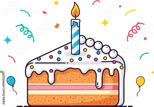 Birthday cake slice with candle sprinkles balloons and confetti celebration dessert cartoon vector illustration