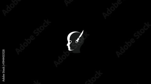 A silhouette of a head with a split face, a dagger piercing the top. Dramatic