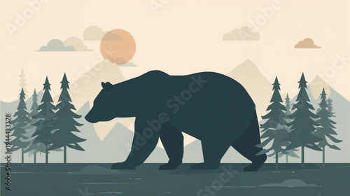 Flat vector graphic illustration of an abstract bear silhouette set against a minimalist nature background