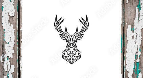 Geometric deer head illustration on a white background with distressed wood on sides