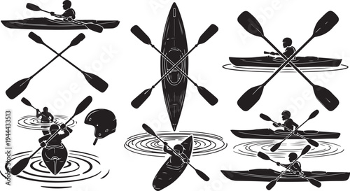 Kayaking Silhouettes Paddling on Water in Various Positions and Angles