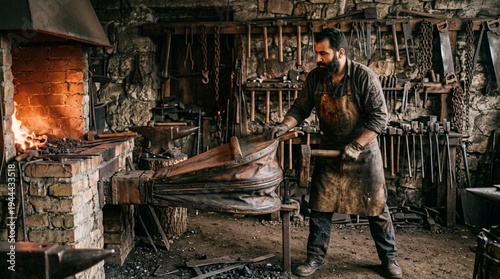 Blacksmith working at an anvil in a rustic workshop with stone walls, forge fire, and various tools hanging in the background