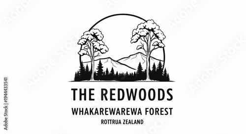 Iconic redwood forest scene framed by trees, mountains, and a circle