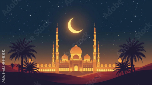  illustration of A majestic illuminated mosque glowing under a starry night sky