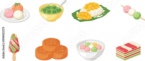 Vector set of traditional Asian desserts featuring mango sticky rice dango mooncakes and mochi for food blogging and oriental restaurant menus.