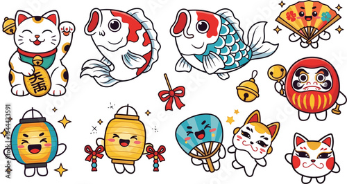 Cute Japanese Lucky Symbols Vector Illustration Set with Maneki Neko Cat, Koi Fish, Daruma Doll, Lanterns, Fans and Festival Decorations
