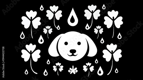 Dog illustration with shamrocks and raindrops, set against a black background. Simple, minimalist design