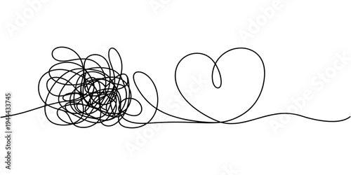 Valentine's Day Heart Doodle Single Continuous Thin Line Drawing Border, Chaotically tangled line and tangled heart. Psychotherapy for couple concept of solving problems is easy.