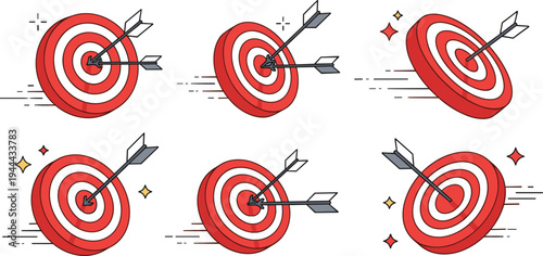 Bullseye target with arrows hitting center collection success goal achievement concept cartoon flat vector illustration set isolated