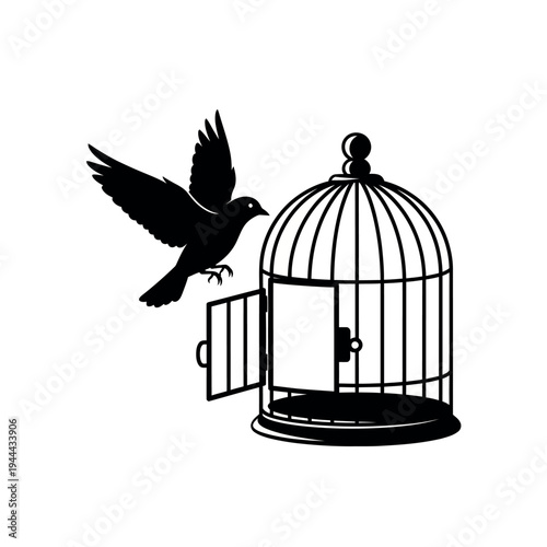 Bird flying free from open cage freedom concept.