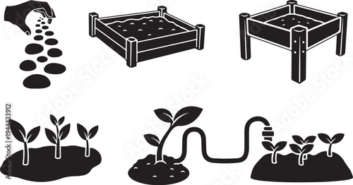 Gardening icons for planting and growing seedlings outdoors quickly