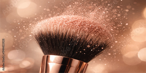 Black makeup brush with powder isolated on white background