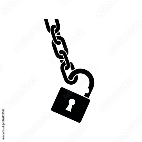 Black silhouette of a hanging chain with an open padlock.