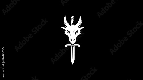 A white dragon head above a sword on a black background. Simple, bold design