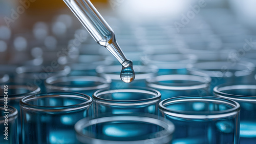 Close-up of a dropper dropping blue liquid into a test tube in a laboratory setting with multiple tubes