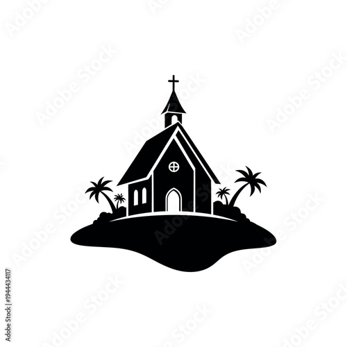 Church on an Island with Palm Trees Silhouette.