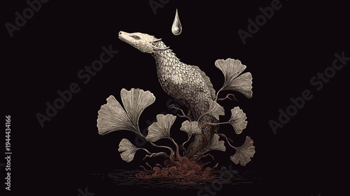 A stylized mythical creature with reptilian features is intertwined with ginkgo leaves and a single drop