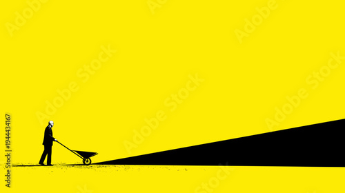 A man pushes a wheelbarrow towards a dark area against a yellow background, silhouette style