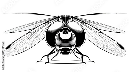 A detailed monochrome illustration of a dragonfly from a frontal perspective, showcasing the head, wings, and legs