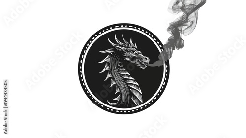 A black and white illustration of a dragon's head inside a circle with smoke billowing