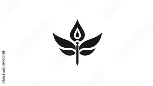 A stylized black and white emblem featuring a torch flame between three leaves, symmetrical in design