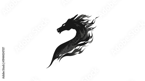 A stylized dragon silhouette, in shades of gray, with a fiery mane and tail, on a white background