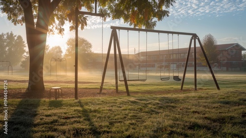 Empty Playground Swings at Sunrise on a Foggy Morning.