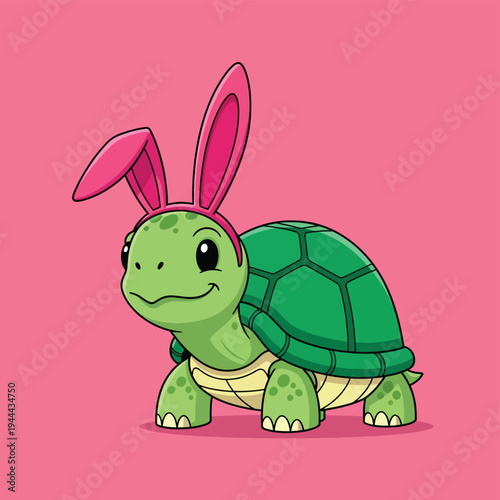 Cartoon turtle wearing pink bunny ears, smiling happily
