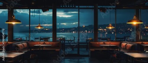 Empty Restaurant Interior with Panoramic Window View of City Lights at Dusk.