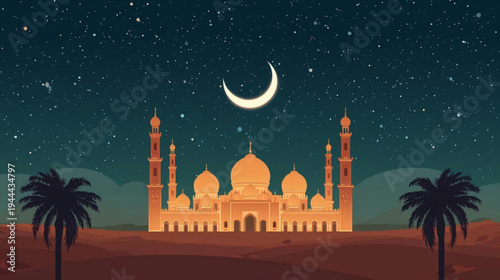  illustration of A majestic illuminated mosque glowing under a starry night sky